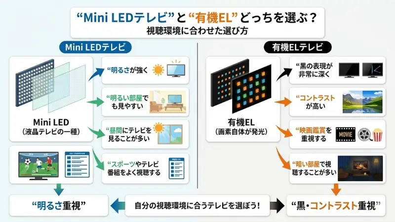 65U8Rや65U9Rを検討している人の中には、Mini LEDテレビと有機ELテレビのどちらが良いのかで迷っている人も多いでしょう。