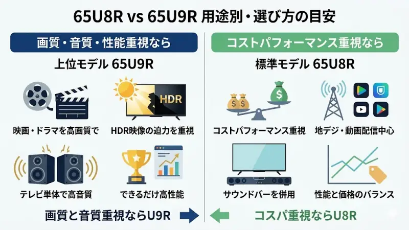 ここまで65U8Rと65U9Rの違いを見てきましたが、最終的には自分の使い方に合うモデルを選ぶことが大切です。
