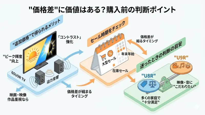 65U8Rと65U9Rを比較するとき、多くの人が気になるのが価格差に見合う価値があるのかという点です。