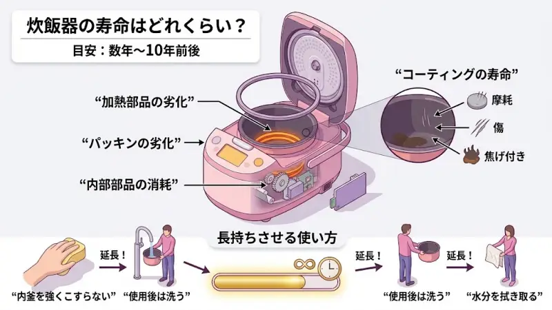 RC-10FPXやRC-10FPWのような圧力IH炊飯器も、使い方や使用頻度によって寿命は変わりますが、一般的には数年〜10年前後が一つの目安といわれることがあります。