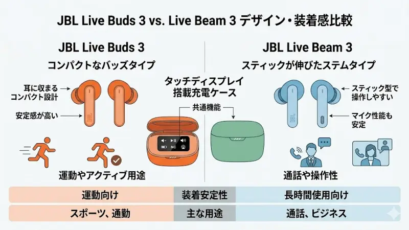 JBL Live Buds 3とLive Beam 3は、同じシリーズのモデルですが、イヤホンの形状が大きく異なるのが特徴です。