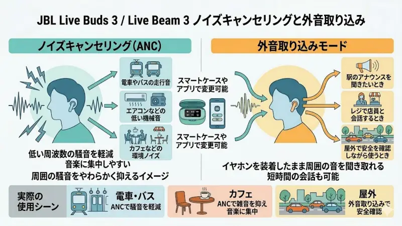 JBL Live Buds 3 / Live Beam 3にも、周囲の騒音を軽減するアクティブノイズキャンセリングが搭載されています。