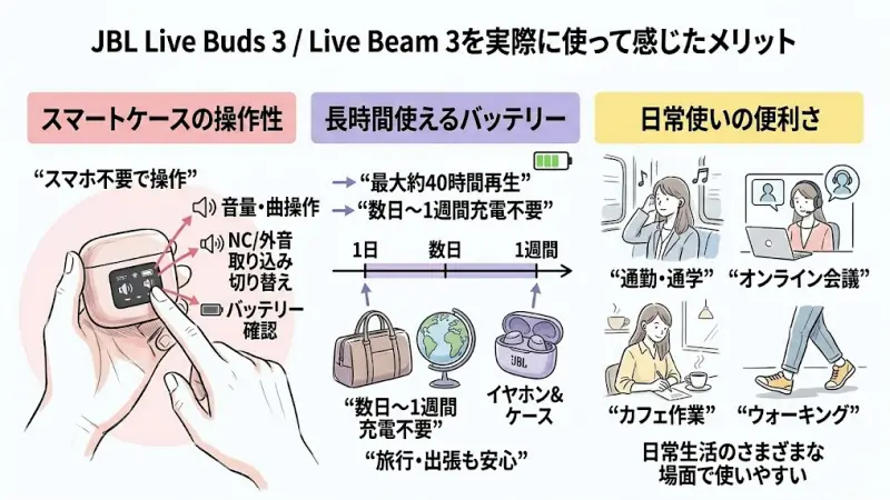 JBL Live Buds 3 / Live Beam 3は、音質や機能だけでなく日常の使いやすさも意識して作られているワイヤレスイヤホンです。