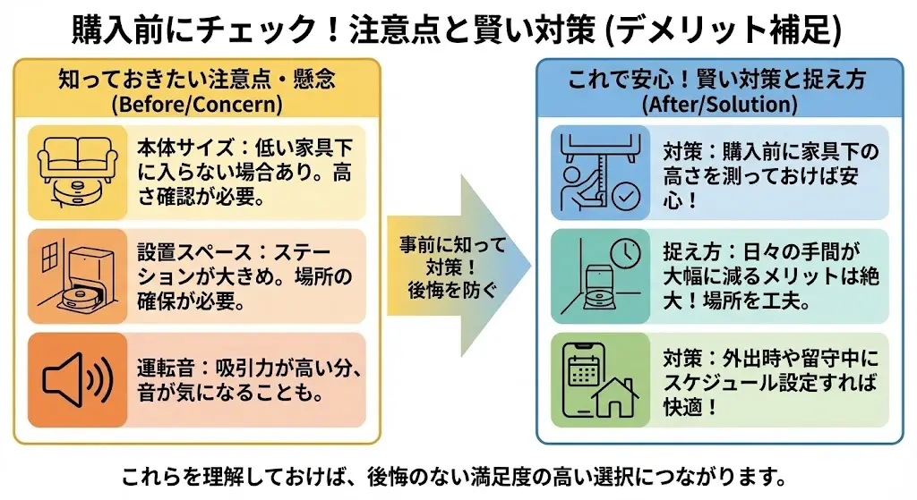 Roomba Plus 505 Combo + AutoWash充電ステーションは非常に完成度の高いロボット掃除機ですが、購入前に把握しておきたいポイントもあります。