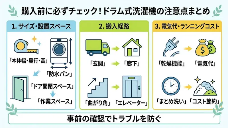 ドラム式洗濯機はサイズも価格も大きいため、事前の確認を怠ると「設置できない」「使いにくい」といったトラブルにつながることがあります。