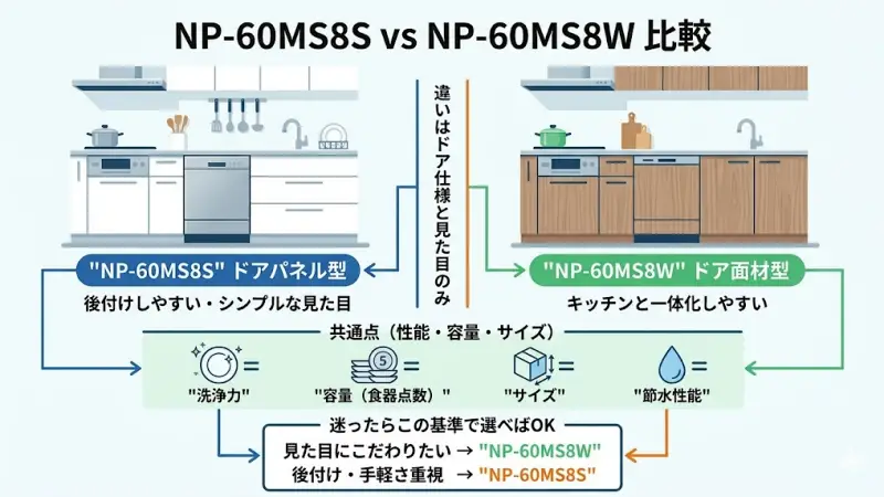 NP-60MS8SとNP-60MS8Wは性能が同じだからこそ、見た目の違いが選び方の決め手になります。