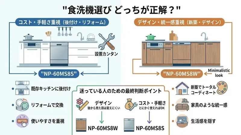 NP-60MS8SとNP-60MS8Wは性能が同じため、「自分の環境や重視したいポイント」によって選ぶのが正解です。