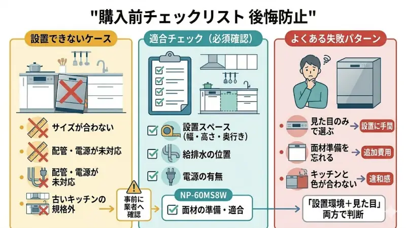 NP-60MS8SとNP-60MS8Wはどちらも優れた食洗機ですが、設置条件や選び方を間違えると後悔につながることもあります。