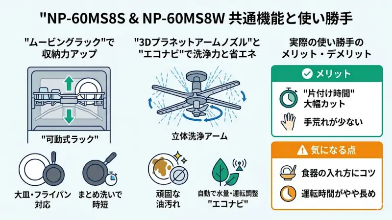 NP-60MS8SとNP-60MS8Wは見た目こそ違いますが、内部の機能や使い勝手は共通です。