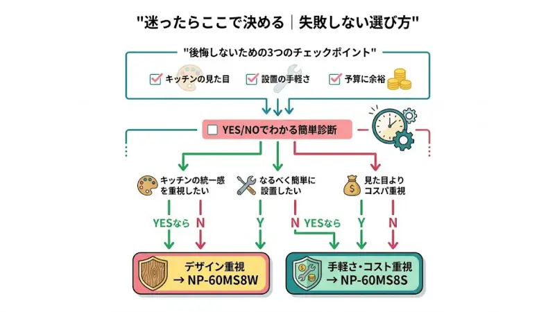 キッチンの統一感を重視したい → YESならNP-60MS8W
なるべく簡単に設置したい → YESならNP-60MS8S
見た目よりコスパ重視 → YESならNP-60MS8S