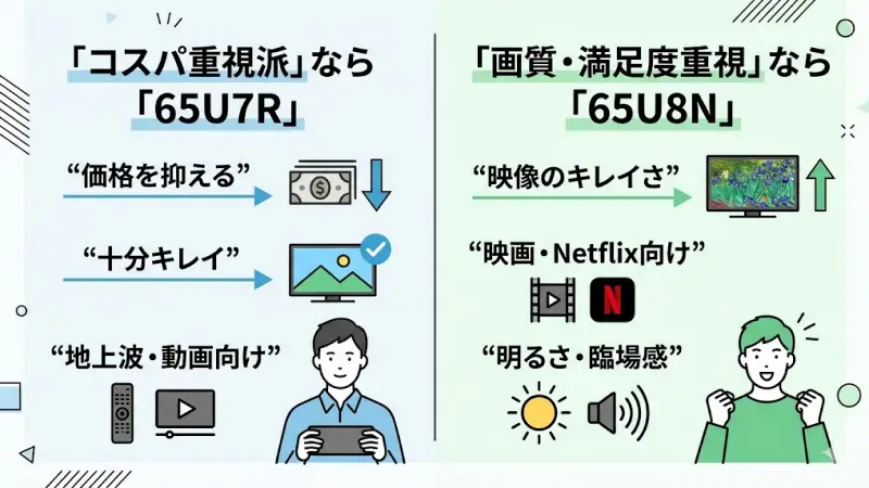 まず結論｜65U7Rと65U8Nはどっちを選ぶべき？
