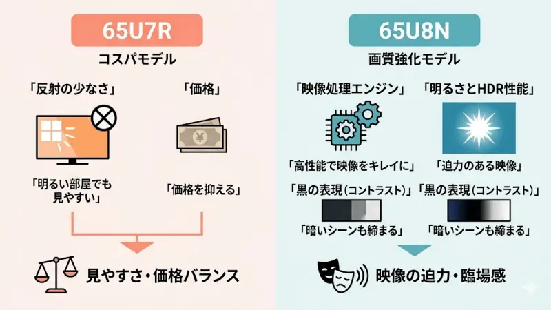 65U7Rと65U8Nの違いを一目で比較