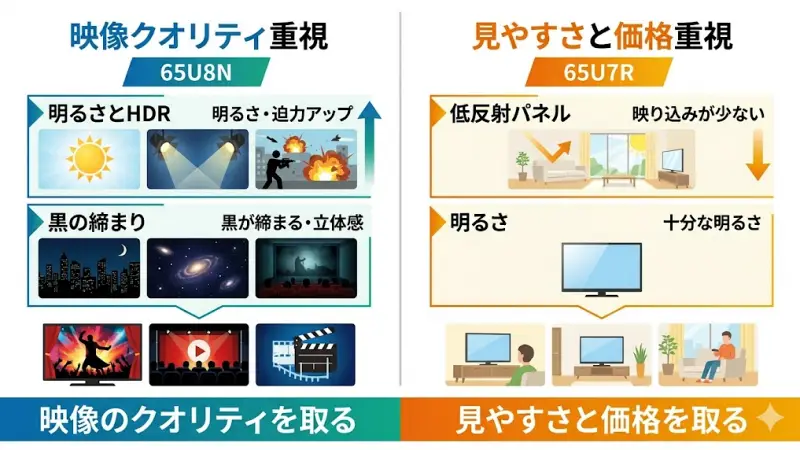 65U7Rと65U8Nの差は、スペック表よりも「実際に見たときの体感」で大きく変わります。