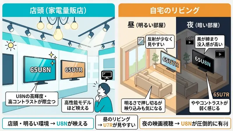 テレビ選びで意外と見落とされがちなのが、「見る場所によって印象が変わる」という点です。