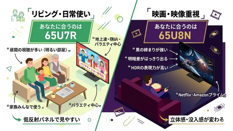 ここまでの違いを踏まえて、実際の生活シーンごとにどちらが合うのかを整理します。

スペックよりも「自分の使い方」に当てはめることで、失敗しない選び方ができます。