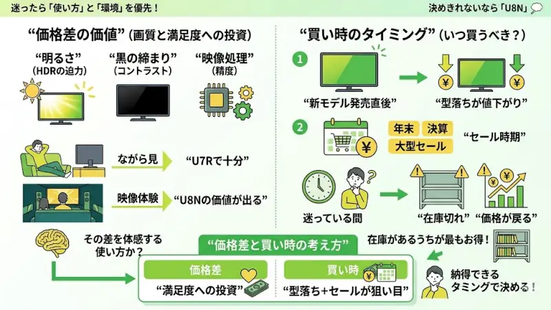 テレビ選びでは、性能だけでなく「価格差に見合うか」「いつ買うべきか」も重要です。