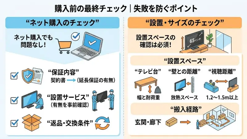 設置・サイズで失敗しないコツ

65インチは想像以上に大きいため、

設置スペースの確認は必須です。