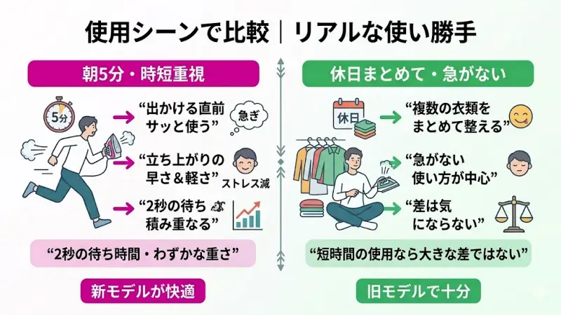 ここでは、実際の生活シーンを想定して、どのような違いが出るのかを見ていきます。