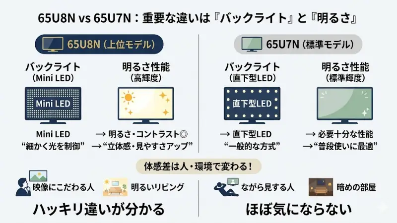 65U7Nと65U8Nの違いは多く見えますが、実は本質はシンプルです。
