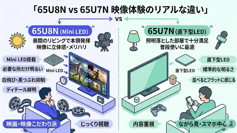 65U8NはMini LEDの影響で、明るさとコントラストが一段上です。