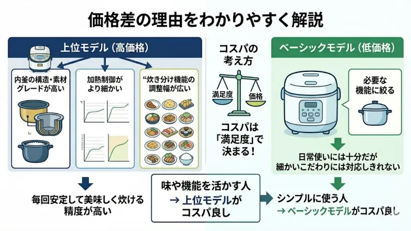 味や機能を活かす → 上位モデルがコスパ良し
シンプルに使う → ベーシックモデルがコスパ良し