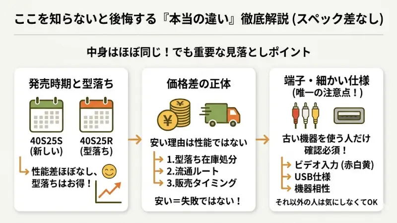 40S25Sは比較的新しいモデル、40S25Rはその前のモデルにあたります。