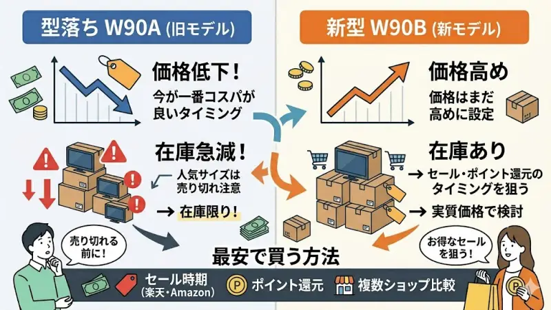 W90AとW90Bで迷っている方にとって、価格と在庫の動きはとても重要なポイントです。