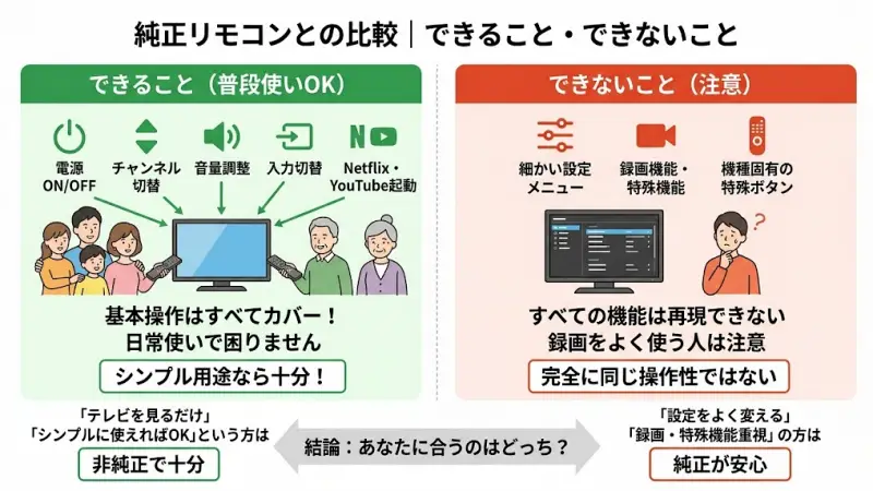 このリモコンでできる主な操作はこちらです。

電源のON／OFF
チャンネル切り替え
音量調整
入力切替
Netflix・YouTubeなどの起動