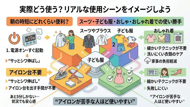 シャツのシワをサッと整える
アイロン台を出す手間が不要