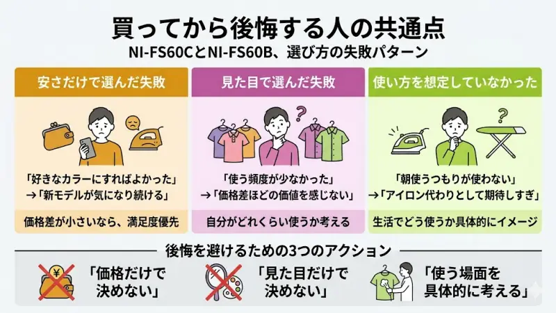 NI-FS60CとNI-FS60Bは大きな差がないからこそ、選び方を間違えると小さな不満が積み重なりやすいのも事実です。