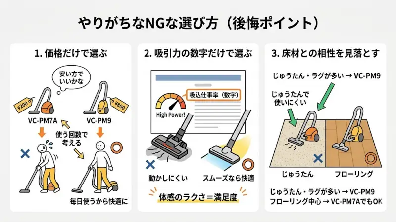 VC-PM9とVC-PM7Aはどちらも優秀なモデルですが、選び方を間違えると「思っていたのと違う」と感じてしまうことがあります。