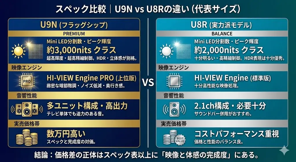 スペック比較｜U9NとU8Rの違い一覧（代表サイズ）