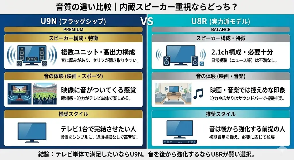 U9NとU8Rは、この内蔵スピーカーの考え方にも明確な違いがあります。
