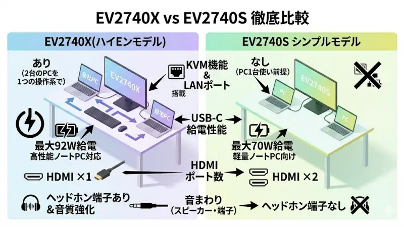 EV2740XとEV2740Sの機能面（KVM・LANポート・給電）の違いを解説する比較図