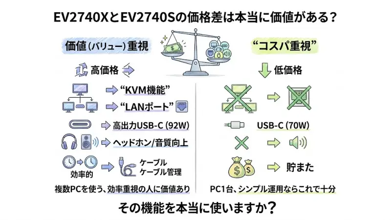 EV2740Xの追加機能と価格差の価値を天秤にかけた比較イラスト