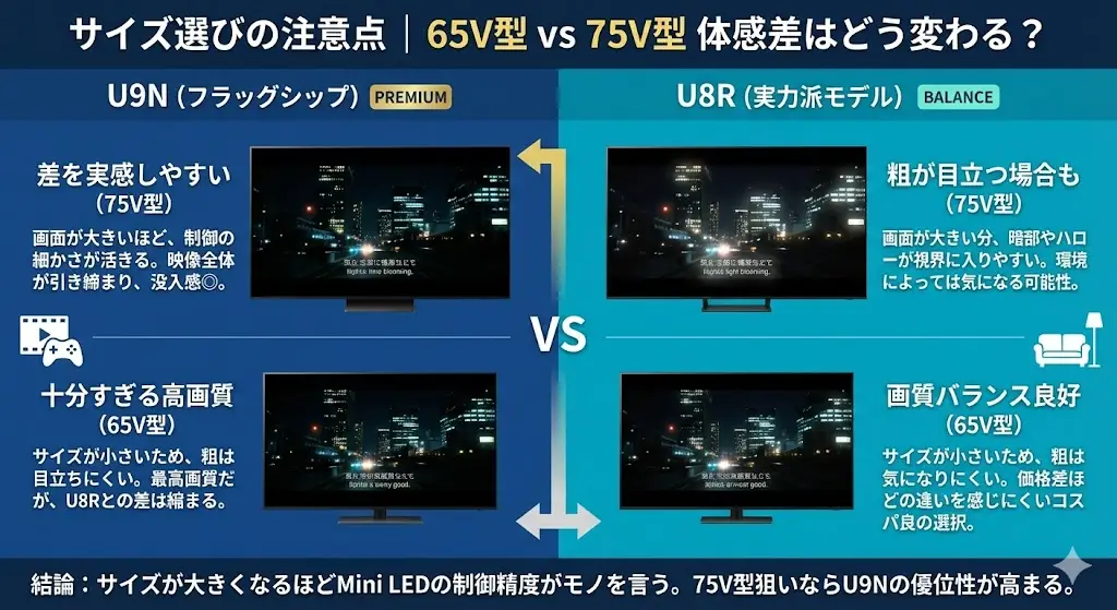U9NとU8Rを検討する際、 65V型と75V型、どちらにするかで悩む方も多いはずです。