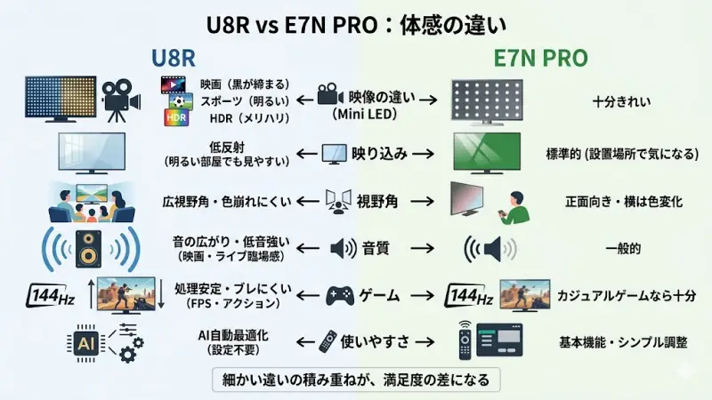 E7N PROとU8Rの実際の視聴時における画質や映り込みの差を表現した比較画像