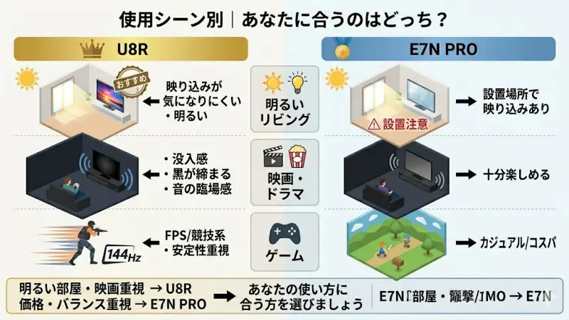 リビング視聴やゲームなど、シーンに合わせたE7N PROとU8Rの選び方ガイド図