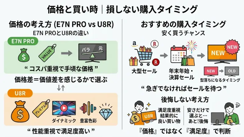 セール時期や新モデル発表を考慮したE7N PROとU8Rの最適な買い時を示すグラフ