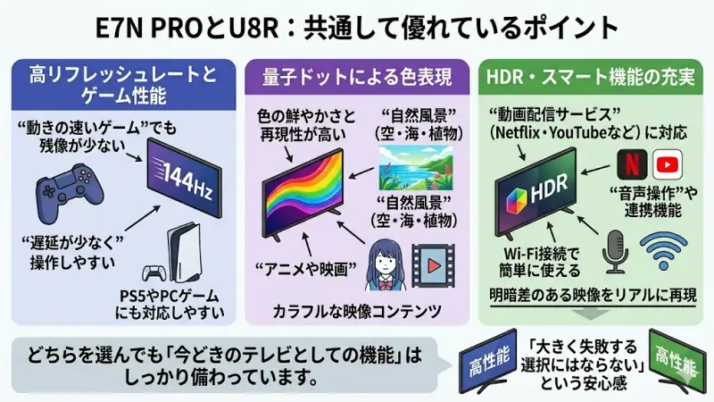 144Hz対応や量子ドット技術などE7N PROとU8Rに共通する高性能機能の紹介図