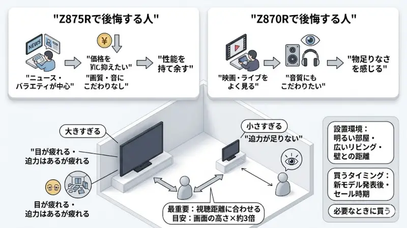 テレビの視聴距離と画面サイズの関係、および設置環境による見え方の違いの解説図