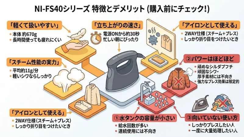 NI-FS40シリーズの本体重量約670gの軽量感と、コンパクトゆえの水タンク容量の注意点を示すイメージ