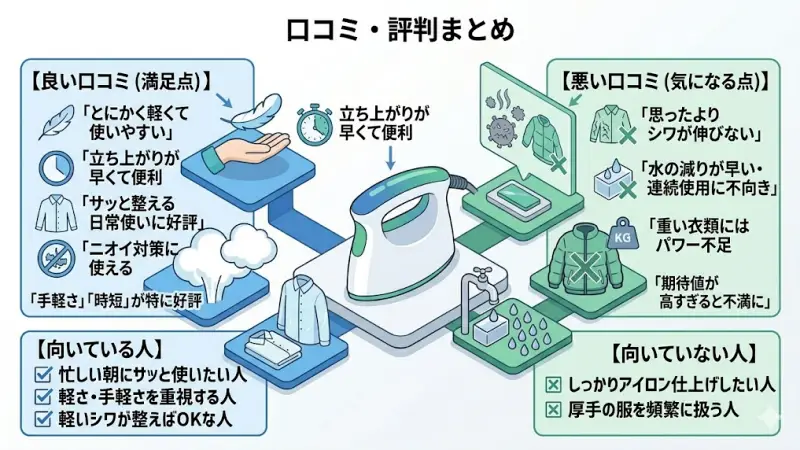 NI-FS40シリーズ利用者の良い口コミ（時短・軽さ）と悪い口コミ（パワー不足・給水頻度）のまとめ