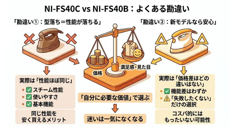 型落ちモデルに関するよくある勘違い。NI-FS40BとCで性能差がほとんどないことを説明するイメージ