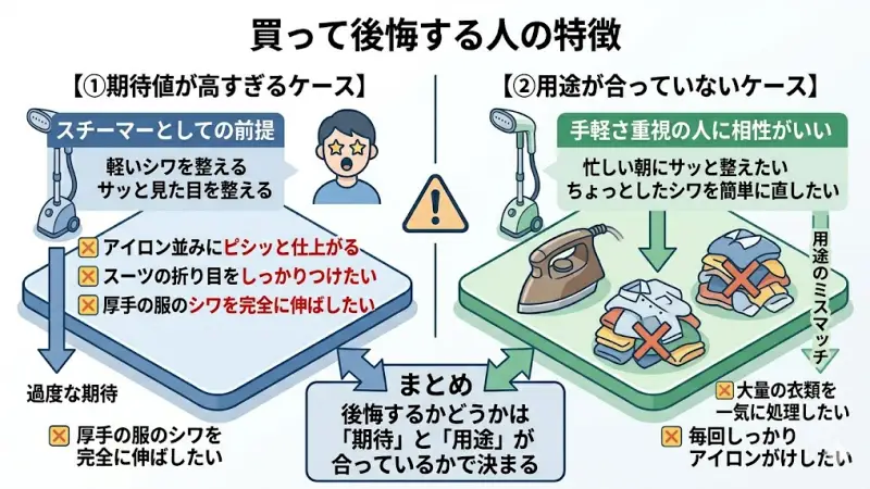 強力なシワ伸ばしや大量の衣類ケアを求める人にはNI-FS40シリーズが向かない理由の解説イメージ
