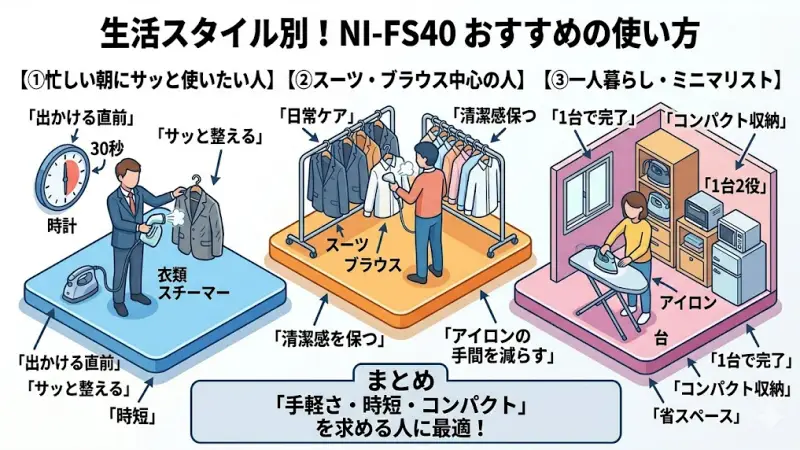 忙しい朝のシワ取りや一人暮らし、スーツの清潔感維持に最適なNI-FS40シリーズの使用シーン例