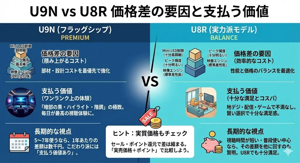 U9NとU8Rを並べて見ると、 「正直、結構な価格差がある」と感じる方も多いはずです。

この差は単なるブランド料ではなく、 いくつかの性能要素が積み重なった結果として生まれています。