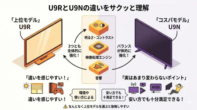 U9RとU9Nの主な違い（輝度・映像エンジン・スピーカー構成）の比較一覧表