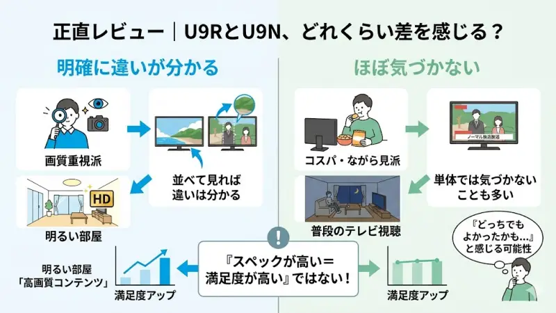 上位モデルU9Rと標準モデルU9Nの映像コントラストと質感の体感差