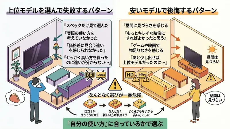 テレビ選びで後悔する人の共通パターンと視聴環境のミスマッチ図解